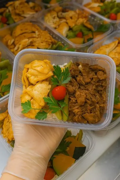 Marmita fit com carne desfiada, tortei ou pastelzinho e tomate cereja. Exemplo de refeição proteica e balanceada.