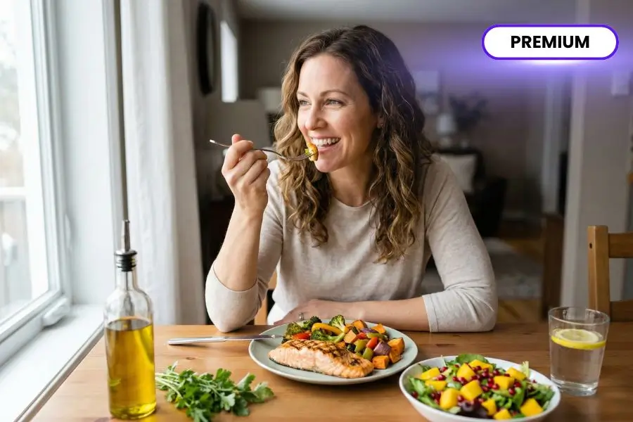 Mulher com expressão de prazer comendo um prato de comida saudável e colorida com salmão e vegetais, ilustrando uma reeducação alimentar saborosa e sem dietas restritivas.