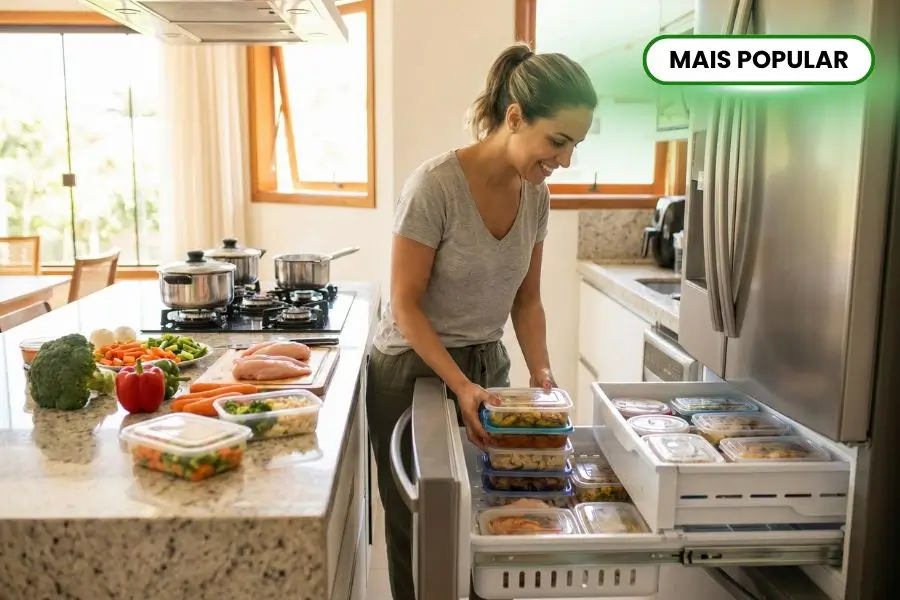 Mulher sorridente na cozinha guardando potes de marmitas fit organizadas na gaveta do freezer, mostrando praticidade e organização alimentar para a semana.