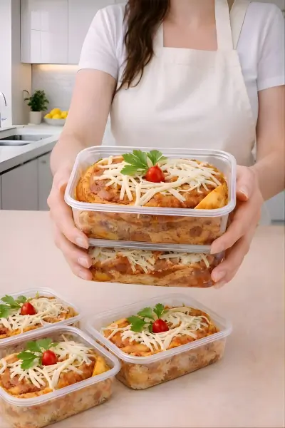 Mãos segurando duas marmitas fit saudáveis.